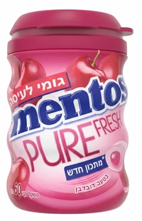 מסטיק מנטוס פיור פרש בטעם דובדבן ללא סוכר, בקבוק 60 גרם