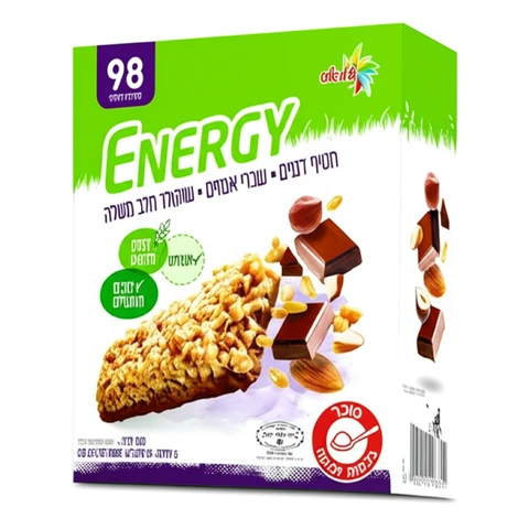 אנרג'י - דגנים מלאים עם תחתית שוקולד חלב ושברי אגוזים, מאגדת 144 גרם (6 יחידות)