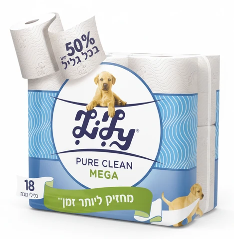 לילי נייר טואלט פיור קלין מגה רול לבן 18 גלילים